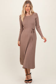 Mocha Pleated Waist Tie Midi Sweater Dress