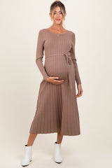 Mocha Pleated Waist Tie Maternity Midi Sweater Dress