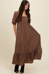 Mocha Floral Pleated Bodice Maternity Maxi Dress