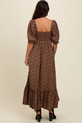 Mocha Floral Pleated Bodice Maxi Dress