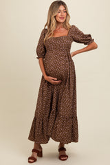 Mocha Floral Pleated Bodice Maternity Maxi Dress