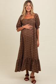 Mocha Floral Pleated Bodice Maternity Maxi Dress