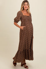 Mocha Floral Pleated Bodice Maternity Maxi Dress