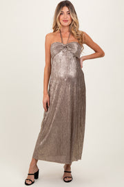 Dark Gold Metallic Halter Maternity Dress