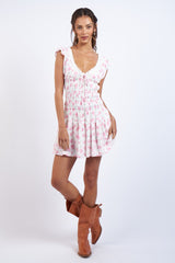 Pink Rose Floral Cap Sleeve Smocked Body Mini Dress