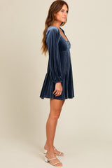 Blue Velvet Bubble Sleeve Mini Dress