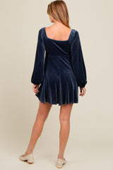 Blue Velvet Bubble Sleeve Maternity Mini Dress