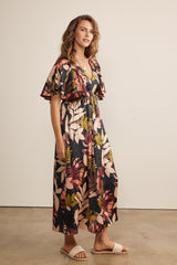 Black Tropical Print Flutter Sleeve Satin Midi Dress