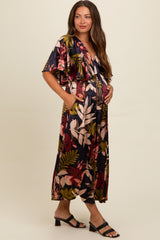 Black Tropical Print Flutter Sleeve Satin Maternity Midi Dress