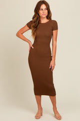 Brown Short Sleeve Rib Knit Midi Dress