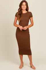 Brown Short Sleeve Rib Knit Midi Dress