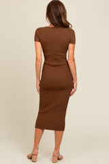 Brown Short Sleeve Rib Knit Midi Dress