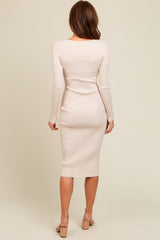 Cream Ribbed Fitted Button Long Sleeve Dress