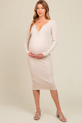 Cream Ribbed Fitted Button Long Sleeve Maternity Dress