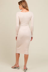 Cream Ribbed Fitted Button Long Sleeve Maternity Dress