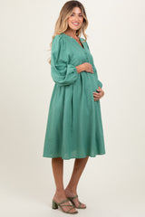 Mint Green Pin Stripe Split Neckline Maternity Midi Dress