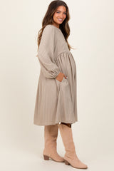 Taupe Pin Stripe Split Neckline Maternity Midi Dress