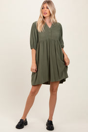 Olive Button Up Split Neck Dress