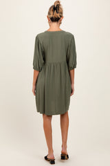 Olive Button Up Split Neck Maternity Dress