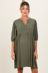 Olive Button Up Split Neck Maternity Dress