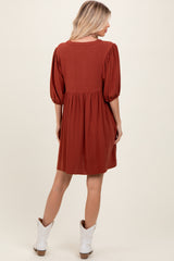 Rust Button Up Split Neck Dress