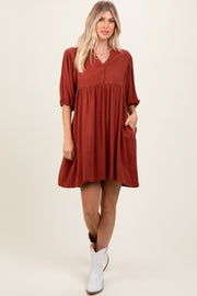 Rust Button Up Split Neck Dress