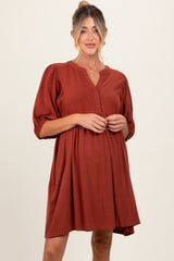 Rust Button Up Split Neck Maternity Dress