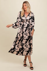 Black Floral Satin Pleated V-Neck Maternity Maxi Dress