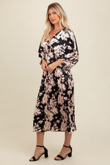 Black Floral Satin Pleated V-Neck Maxi Dress