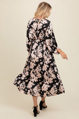 Black Floral Satin Pleated V-Neck Maxi Dress