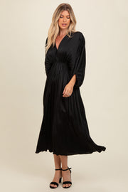 Black Satin Pleated V-Neck Maxi Dress