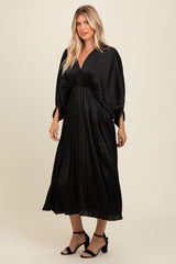 Black Satin Pleated V-Neck Maxi Dress