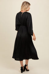 Black Satin Pleated V-Neck Maxi Dress