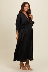 Black Satin Pleated V-Neck Maternity Maxi Dress