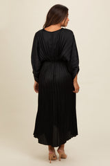 Black Satin Pleated V-Neck Maternity Maxi Dress