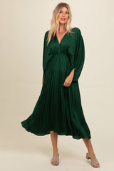 Forest Green Satin Pleated V-Neck Maternity Maxi Dress