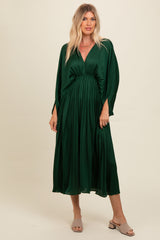 Forest Green Satin Pleated V-Neck Maxi Dress