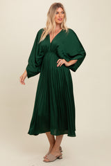 Forest Green Satin Pleated V-Neck Maxi Dress