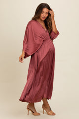 Mauve Satin Pleated V-Neck Maternity Maxi Dress