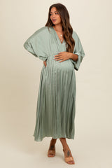 Light Olive Satin Pleated V-Neck Maternity Maxi Dress