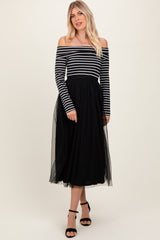 Black Striped Off Shoulder Contrast Knit Mesh Maternity Maxi Dress