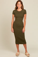 Olive Short Sleeve Rib Knit Maternity Midi Dress