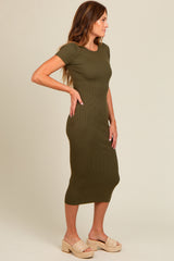 Olive Short Sleeve Rib Knit Midi Dress