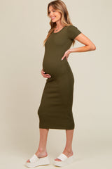 Olive Short Sleeve Rib Knit Maternity Midi Dress