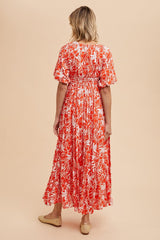 Coral Red Resort Print Puff Sleeve Maxi Dress