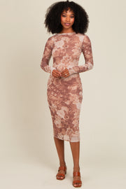 Rust Floral Mesh Overlay Fitted Midi Dress