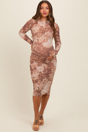 Rust Floral Mesh Overlay Fitted Maternity Midi Dress