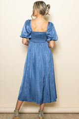 Blue Satin Pleated Bodice Puff Sleeve Midi Dress