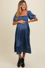 Blue Satin Pleated Bodice Puff Sleeve Maternity Midi Dress