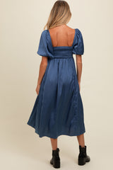 Blue Satin Pleated Bodice Puff Sleeve Maternity Midi Dress